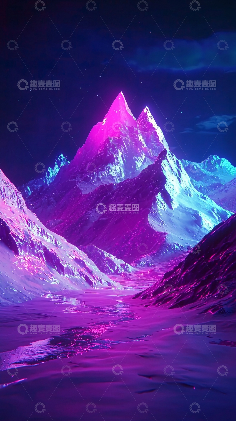 高清大图下载【趣麦麦图】极光下的梦幻雪山