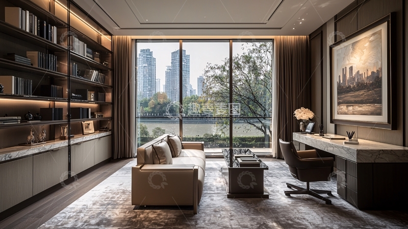 高清大图下载【趣麦麦图】豪华书房落地窗城市景观