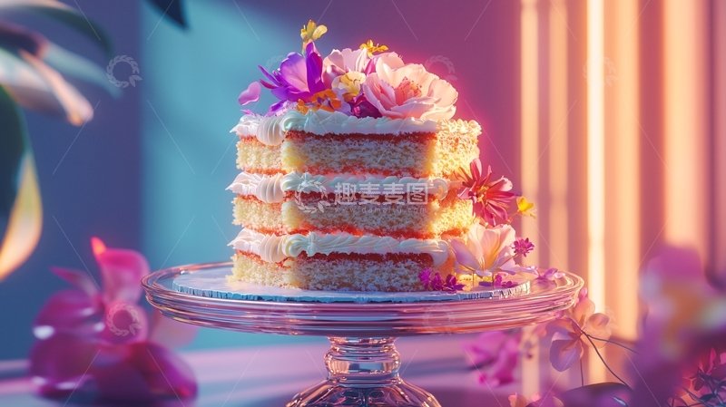 高清大图下载【趣麦麦图】三层奶油蛋糕鲜花装饰