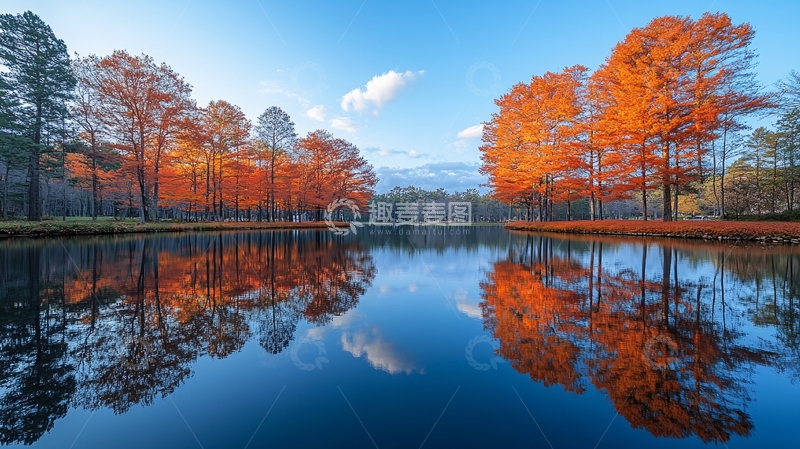 高清大图下载【趣麦麦图】秋日红叶倒影湖泊