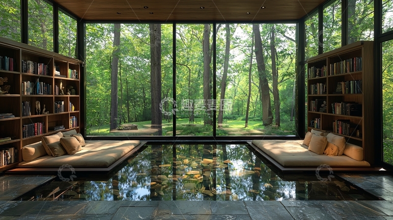 高清大图下载【趣麦麦图】窗外森林的书房