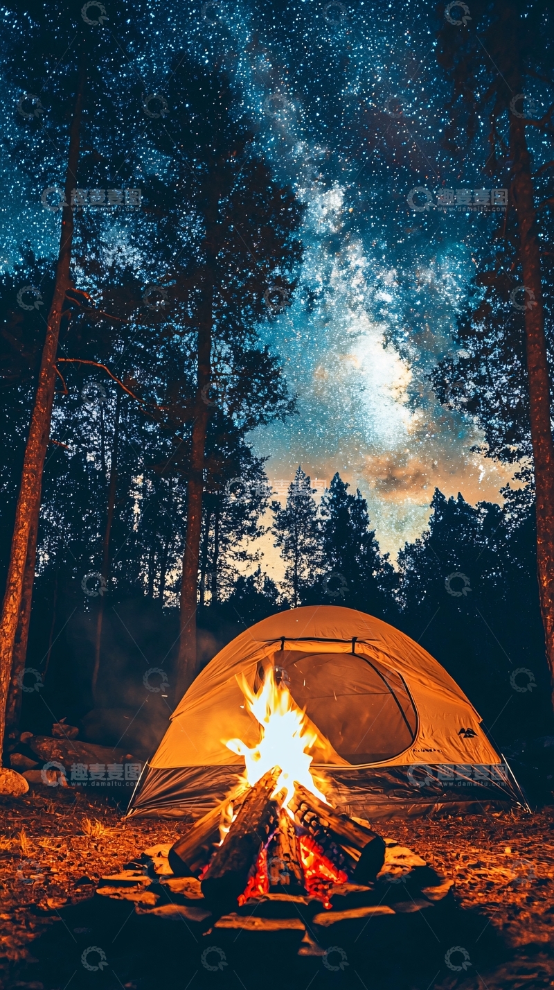 高清大图下载【趣麦麦图】星空下篝火营地
