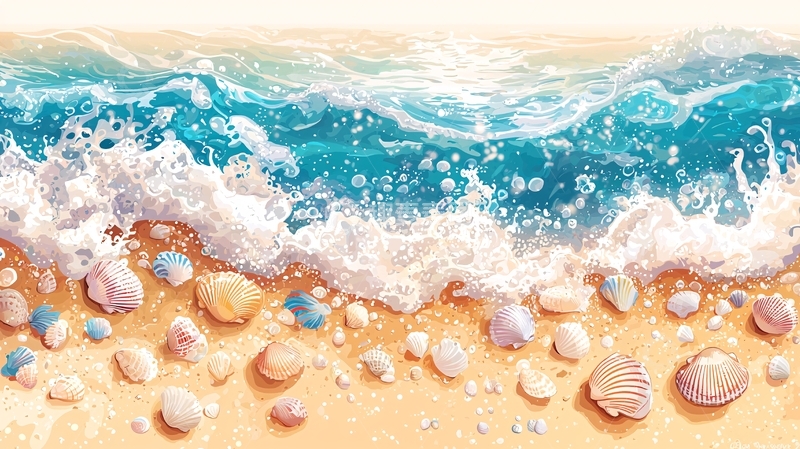 高清大图下载【趣麦麦图】海滩上的浪花和贝壳