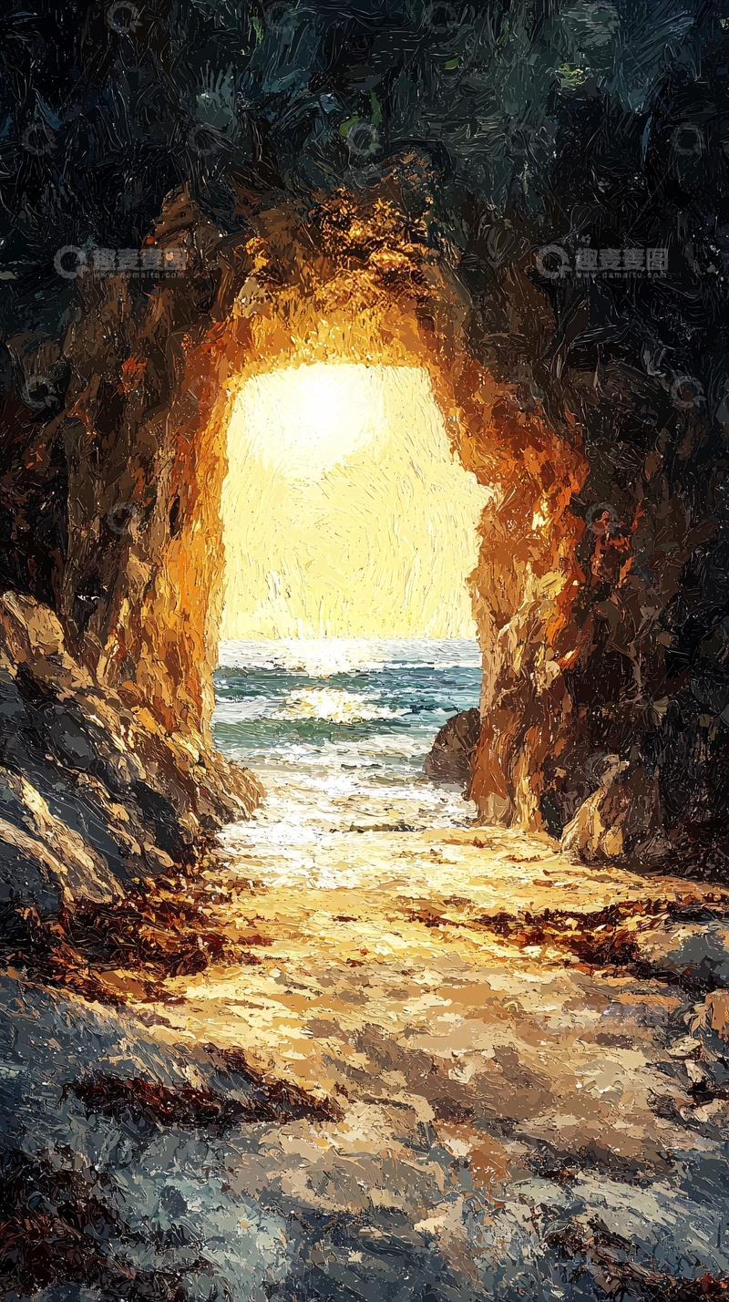 高清大图下载【趣麦麦图】海边岩洞出口阳光