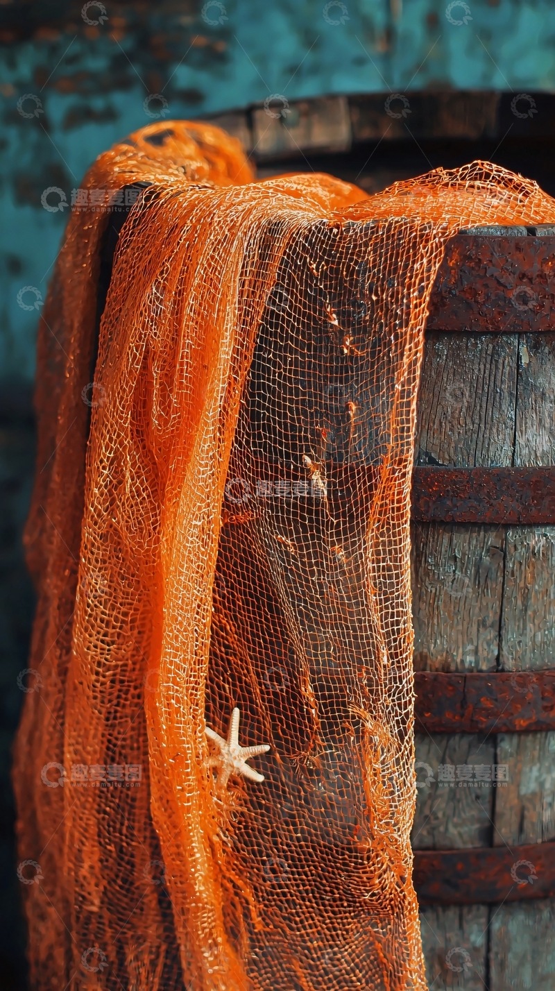 高清大图下载【趣麦麦图】橙色渔网木桶