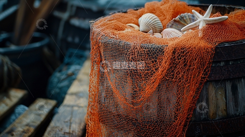 高清大图下载【趣麦麦图】渔网木桶贝壳海星