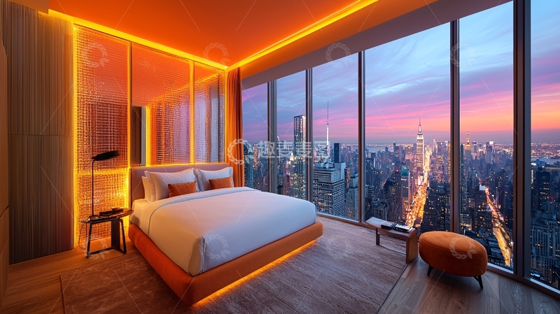 高清大图下载【趣麦麦图】卧室高楼层夜景落地窗