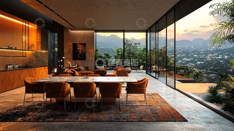 高清大图下载【趣麦麦图】豪华别墅客厅落地窗外山景