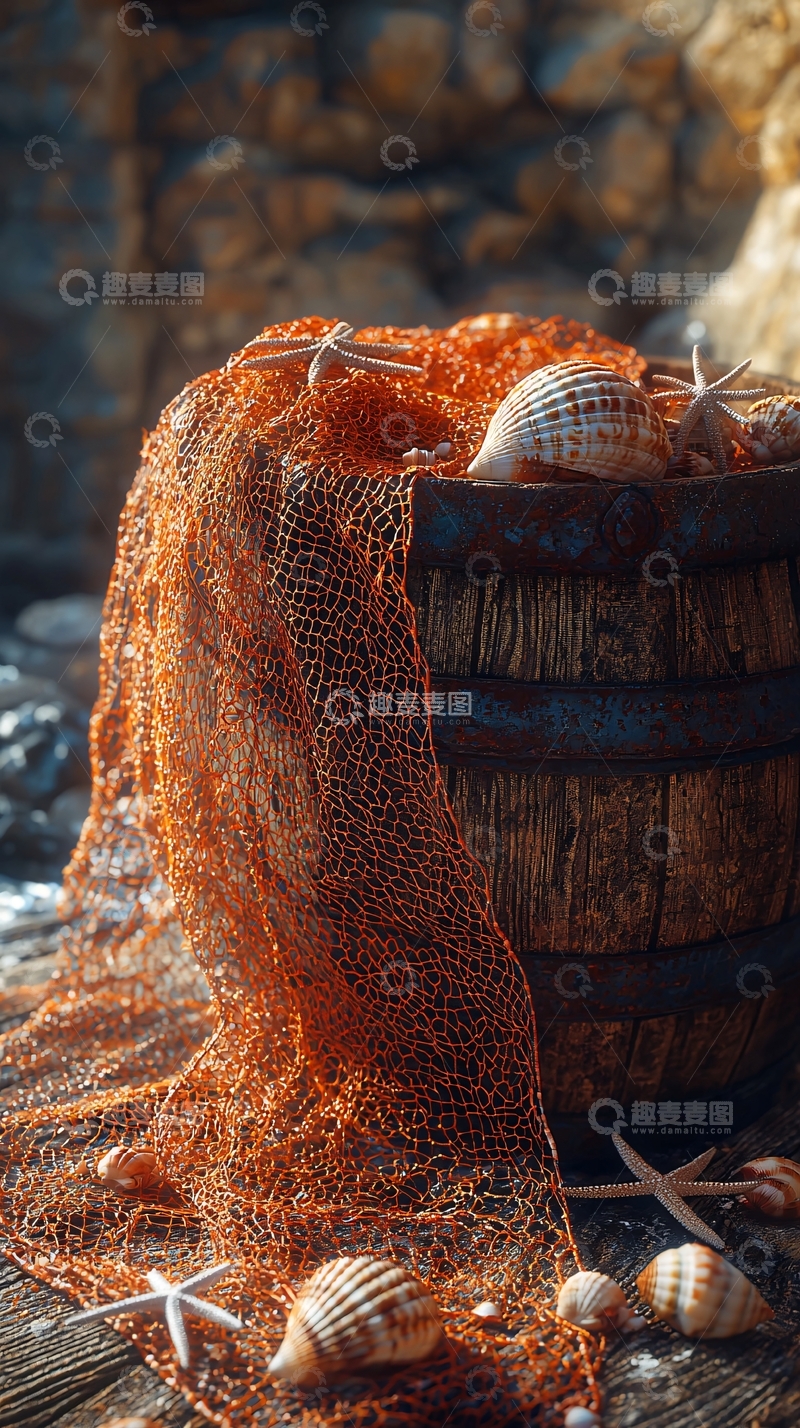 高清大图下载【趣麦麦图】老木桶里的贝壳和海星