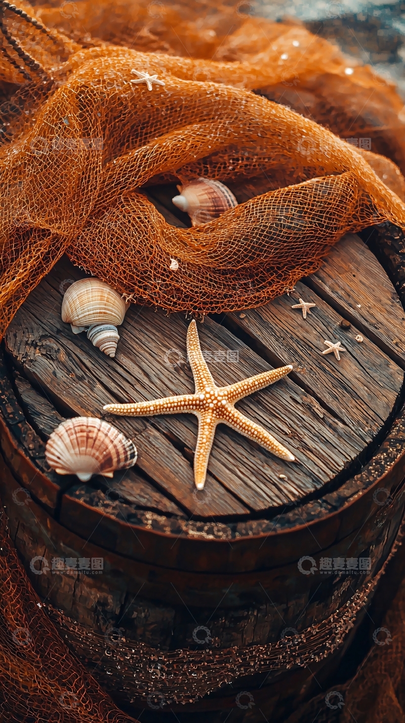 高清大图下载【趣麦麦图】老木桶上贝壳和渔网