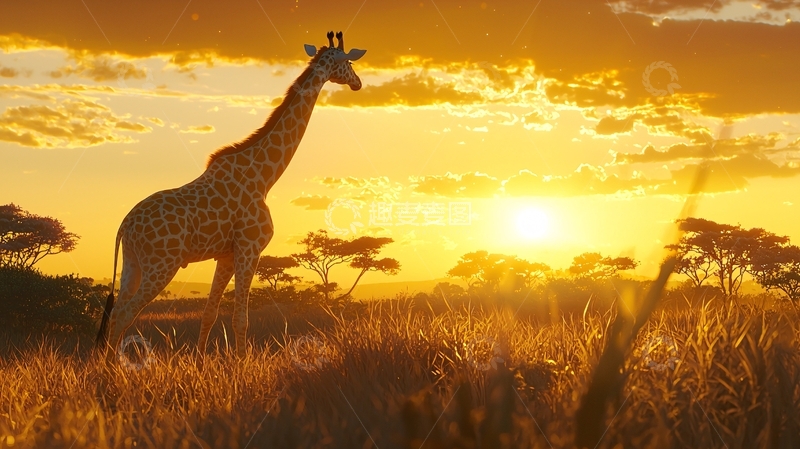 高清大图下载【趣麦麦图】夕阳下长颈鹿剪影