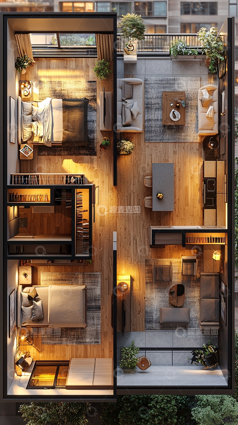 高清大图下载【趣麦麦图】现代两室一厅平面图