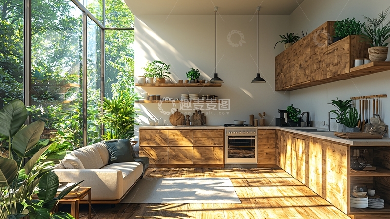 高清大图下载【趣麦麦图】阳光洒落的木质厨房