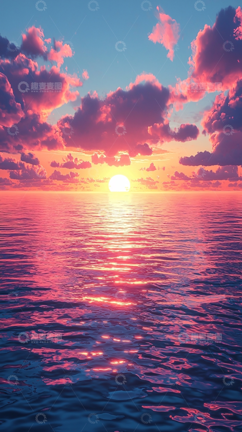 高清大图下载【趣麦麦图】粉色天空下的日落海景