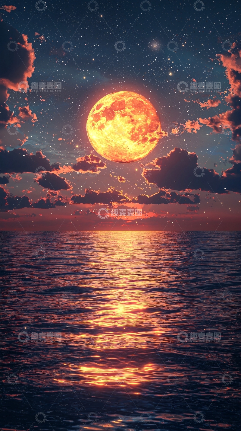 高清大图下载【趣麦麦图】满月映照海面星空
