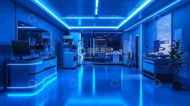 高清大图下载【趣麦麦图】蓝色灯光现代化医院走廊