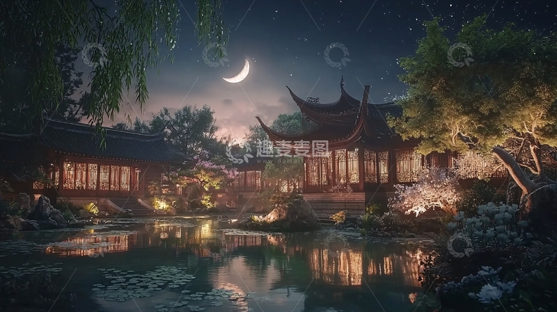高清大图下载【趣麦麦图】月夜中式园林夜景