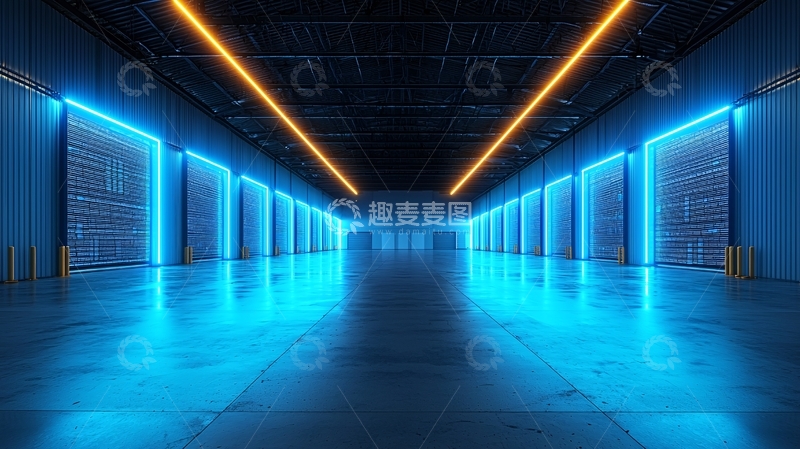 高清大图下载【趣麦麦图】蓝色霓虹灯的走廊