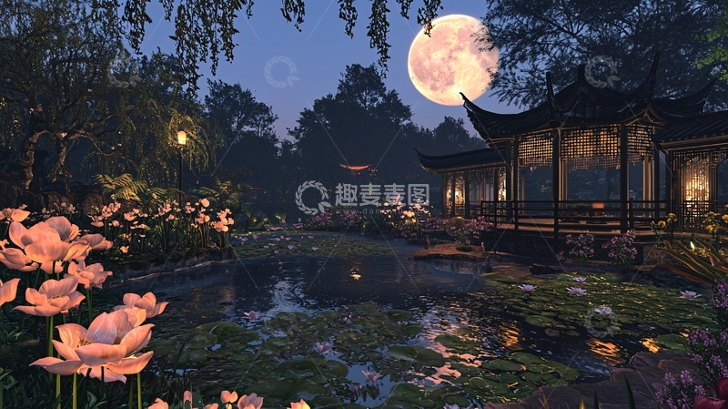 高清大图下载【趣麦麦图】月光下的中国园林