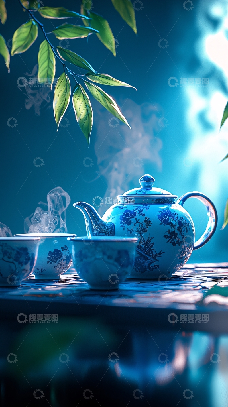 高清大图下载【趣麦麦图】蓝色茶具