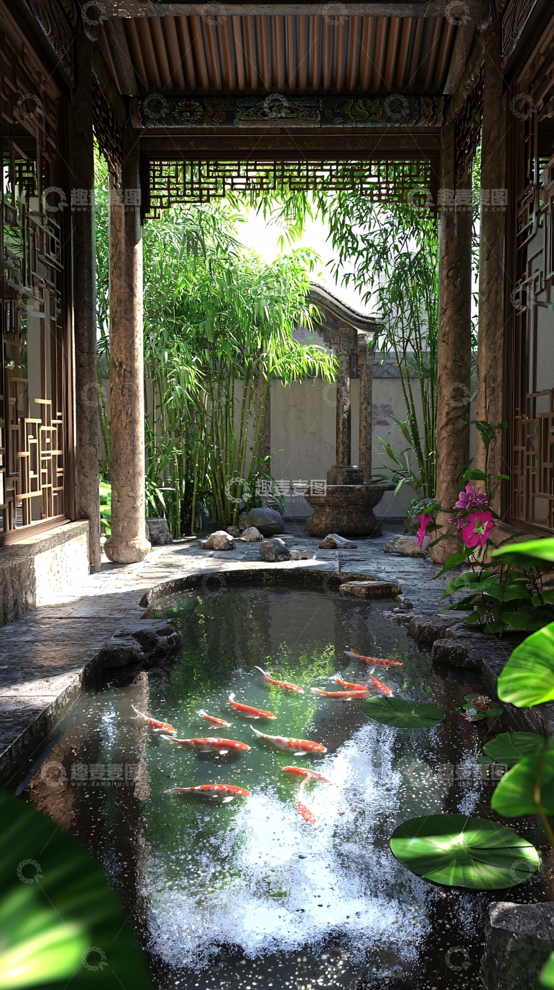 高清大图下载【趣麦麦图】中式庭院鱼池