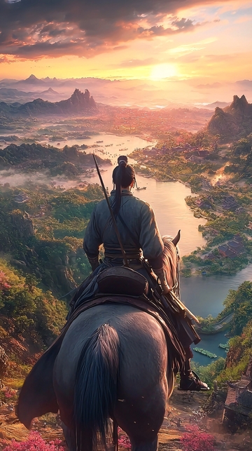 落日余晖下的骑马侠客