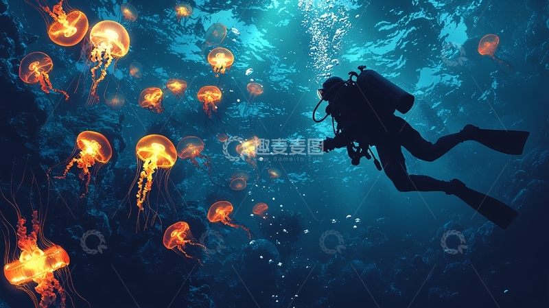高清大图下载【趣麦麦图】潜水员与一群发光水母