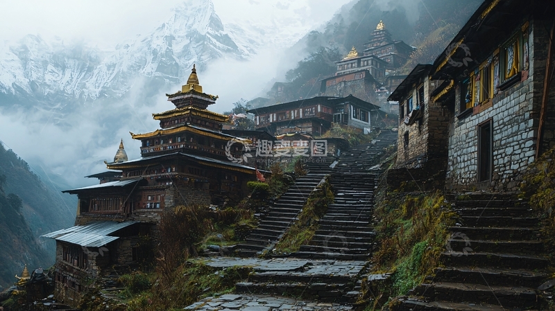 高清大图下载【趣麦麦图】雾气弥漫的山间寺庙