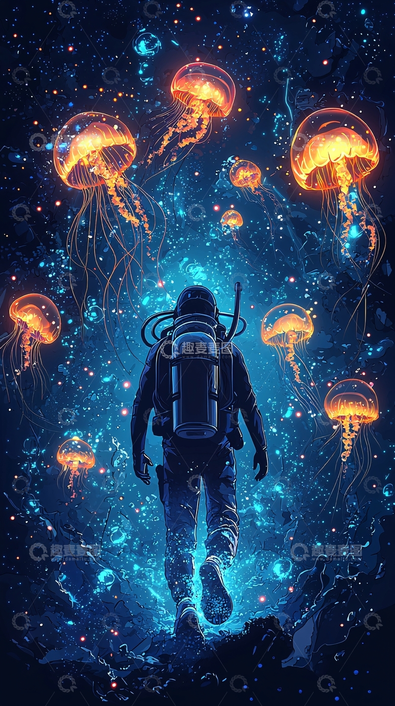 高清大图下载【趣麦麦图】深海潜水员与发光水母的奇幻之旅