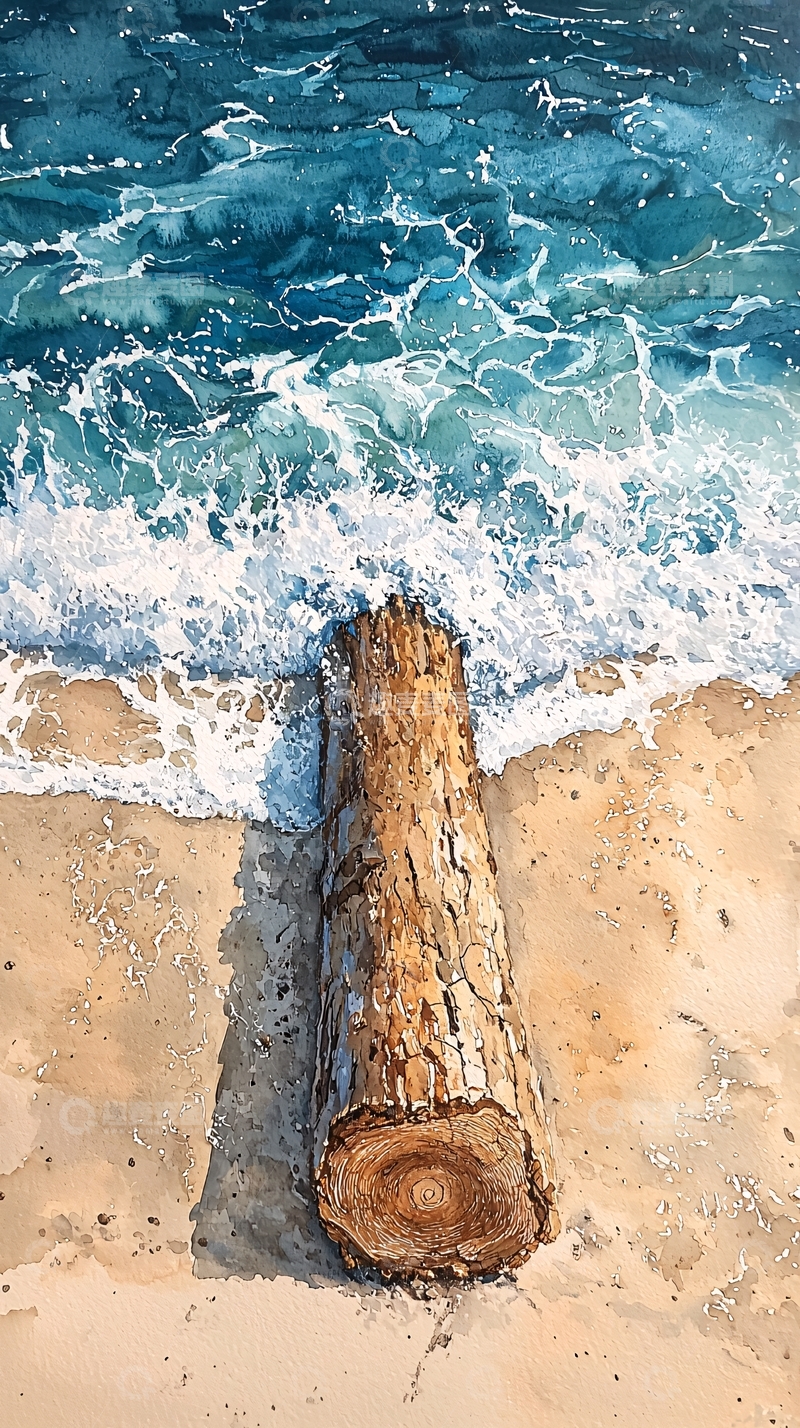 高清大图下载【趣麦麦图】海浪冲刷着沙滩上的原木