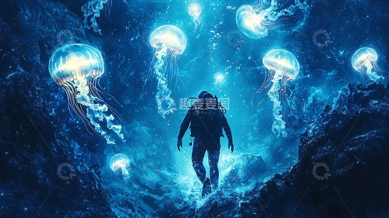 高清大图下载【趣麦麦图】水下潜水员与发光水母共舞