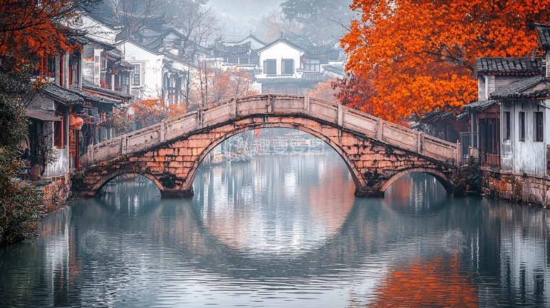 高清大图下载【趣麦麦图】古镇秋景石桥倒影