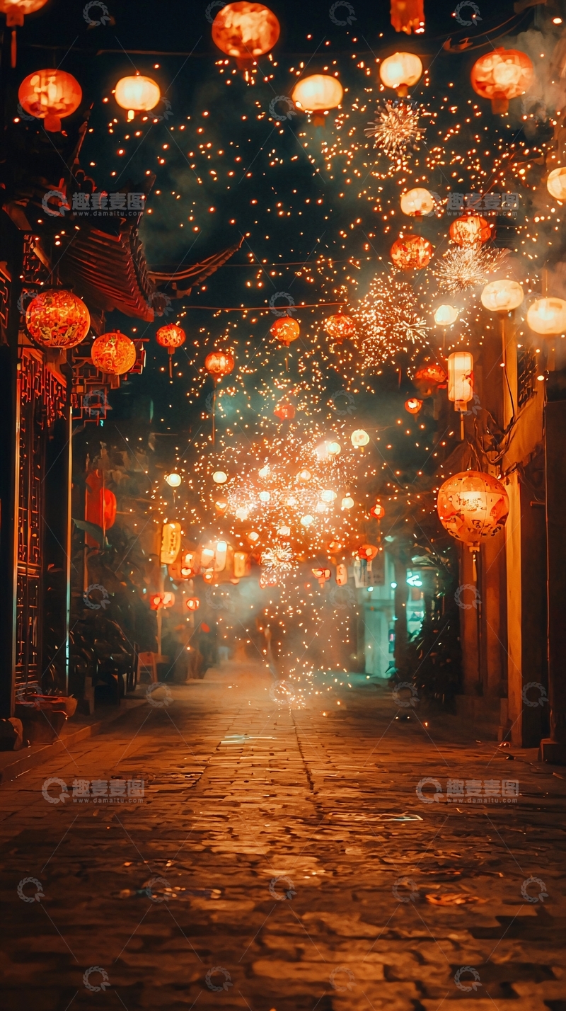 高清大图下载【趣麦麦图】夜色古街灯笼烟火