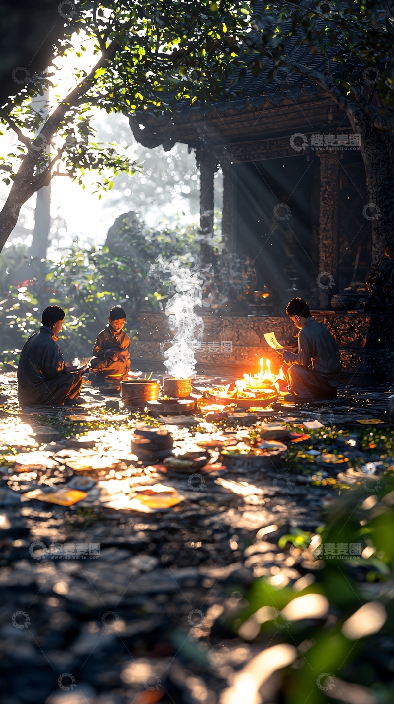 高清大图下载【趣麦麦图】清晨寺庙篝火僧人