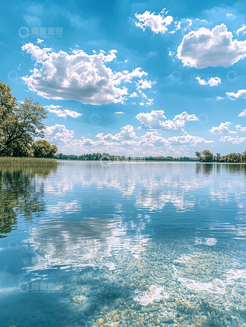 高清大图下载【趣麦麦图】蓝天白云下的宁静湖泊