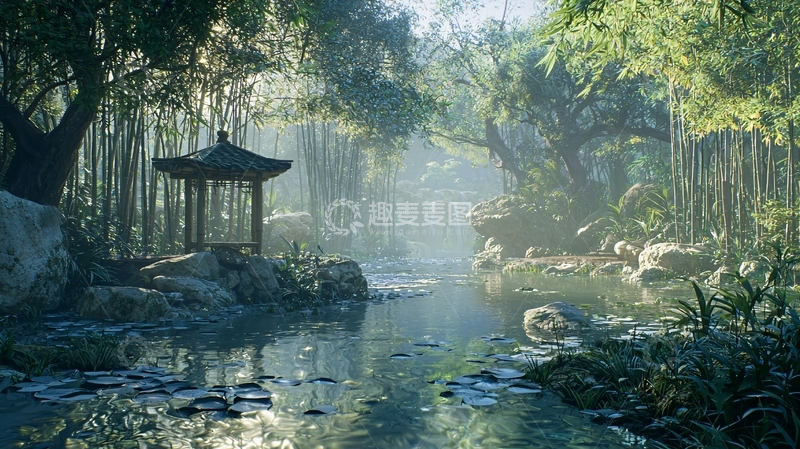 高清大图下载【趣麦麦图】清晨竹林小溪旁的亭子
