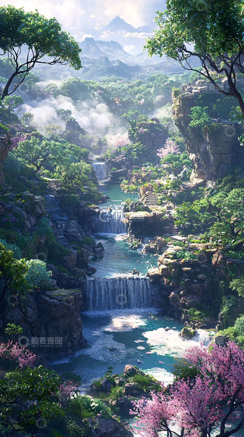 高清大图下载【趣麦麦图】梦幻仙境瀑布山谷