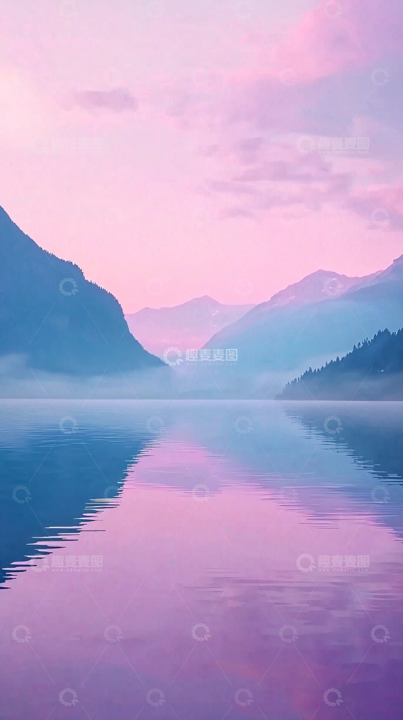 高清大图下载【趣麦麦图】粉色梦幻山水倒影