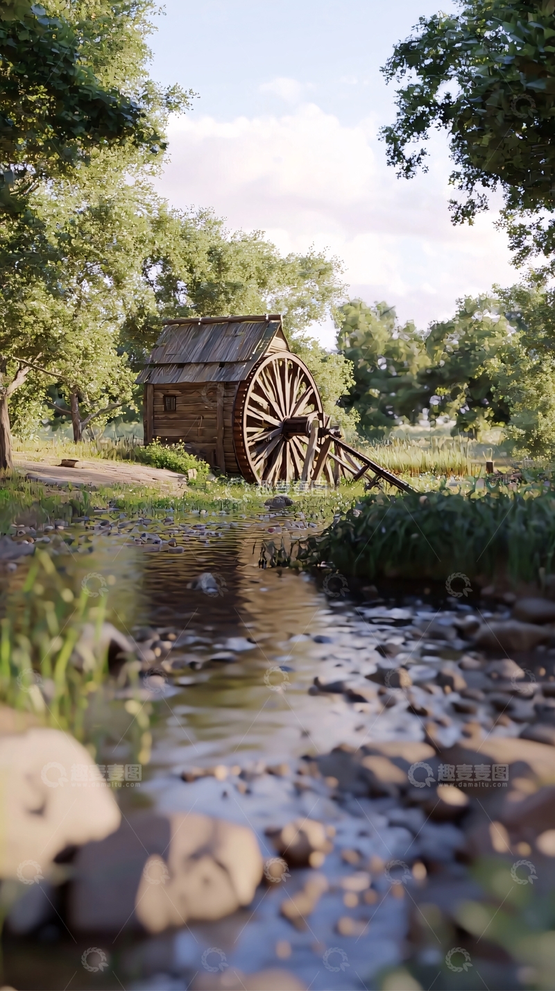 高清大图下载【趣麦麦图】溪边古老水车风景