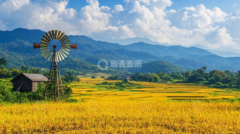 高清大图下载【趣麦麦图】金黄稻田山峦风车