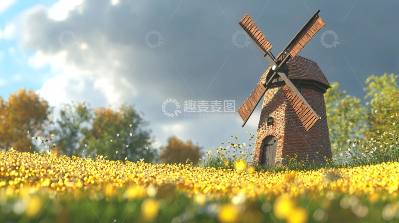 高清大图下载【趣麦麦图】田园风光下的古老风车