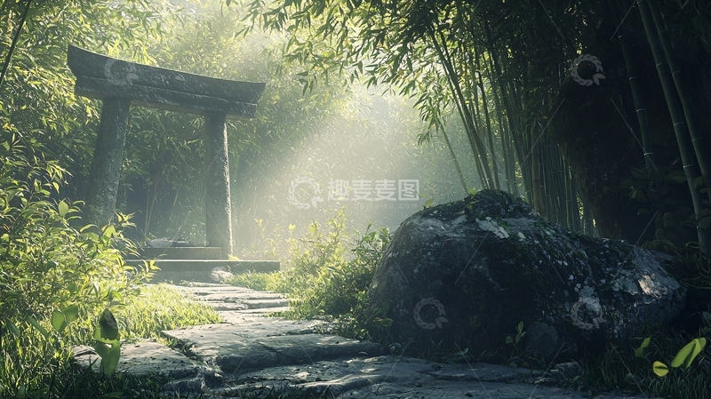 高清大图下载【趣麦麦图】清晨竹林石径鸟居