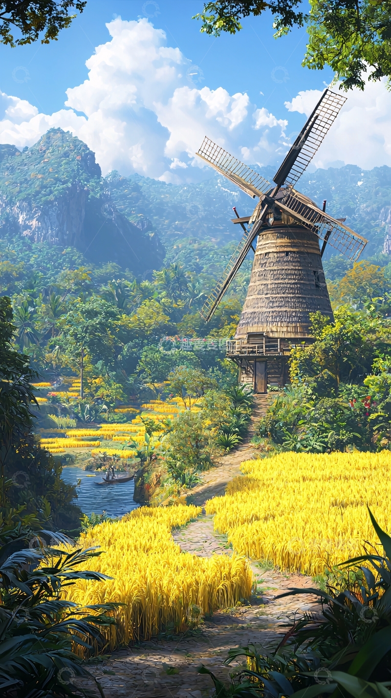 高清大图下载【趣麦麦图】山间田园风车景观图