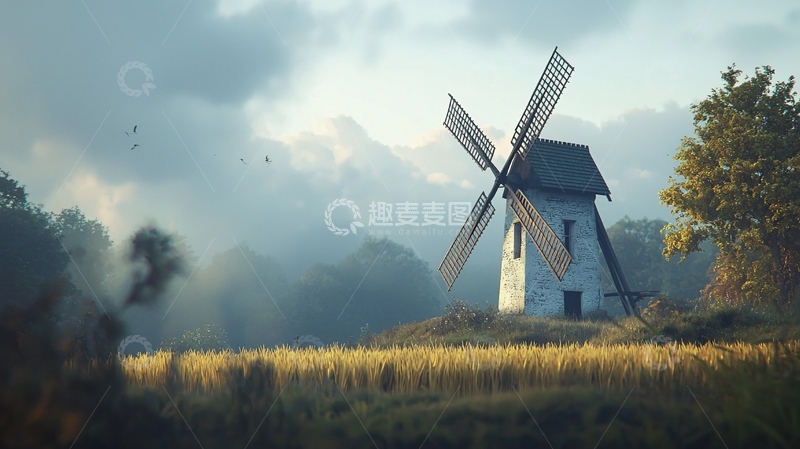 高清大图下载【趣麦麦图】清晨薄雾中的古老风车