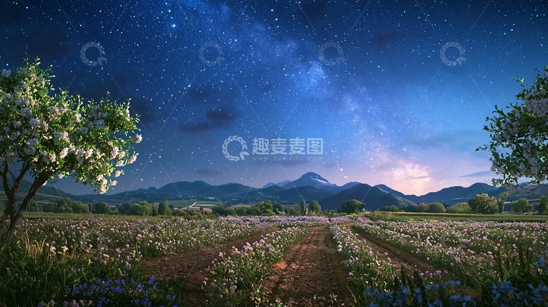高清大图下载【趣麦麦图】星空下的花田