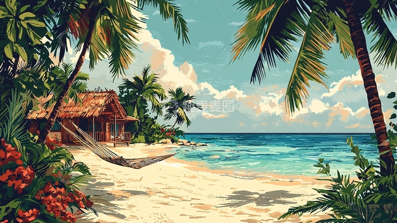 高清大图下载【趣麦麦图】热带海滩小屋吊床