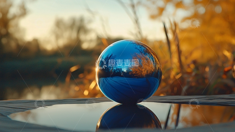 高清大图下载【趣麦麦图】蓝色金属球体倒影秋景