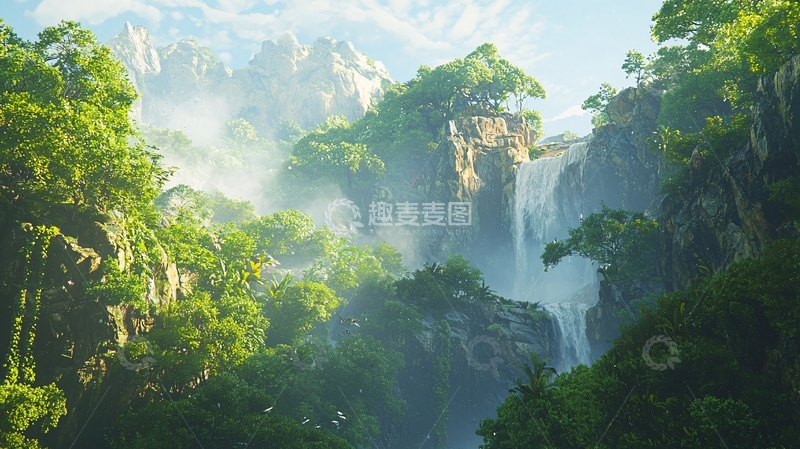高清大图下载【趣麦麦图】山谷瀑布雨林仙境