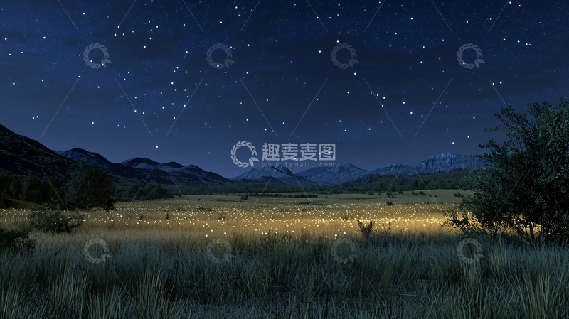 高清大图下载【趣麦麦图】夜空繁星点点萤火虫飞舞