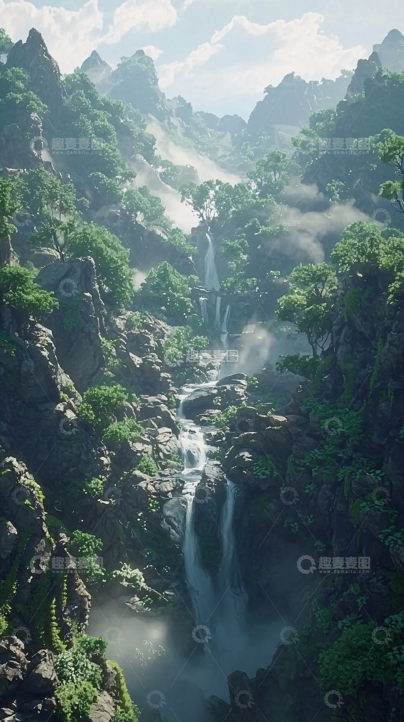 高清大图下载【趣麦麦图】山谷瀑布森林景色